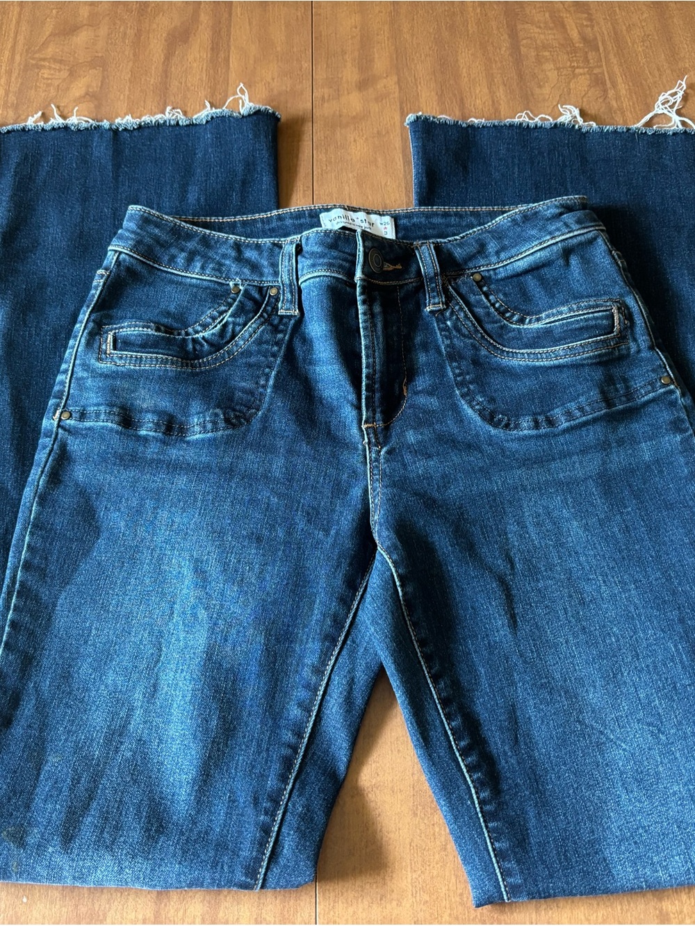 Vanilla Star Dark Blue Cropped Frayed Hem Jeans